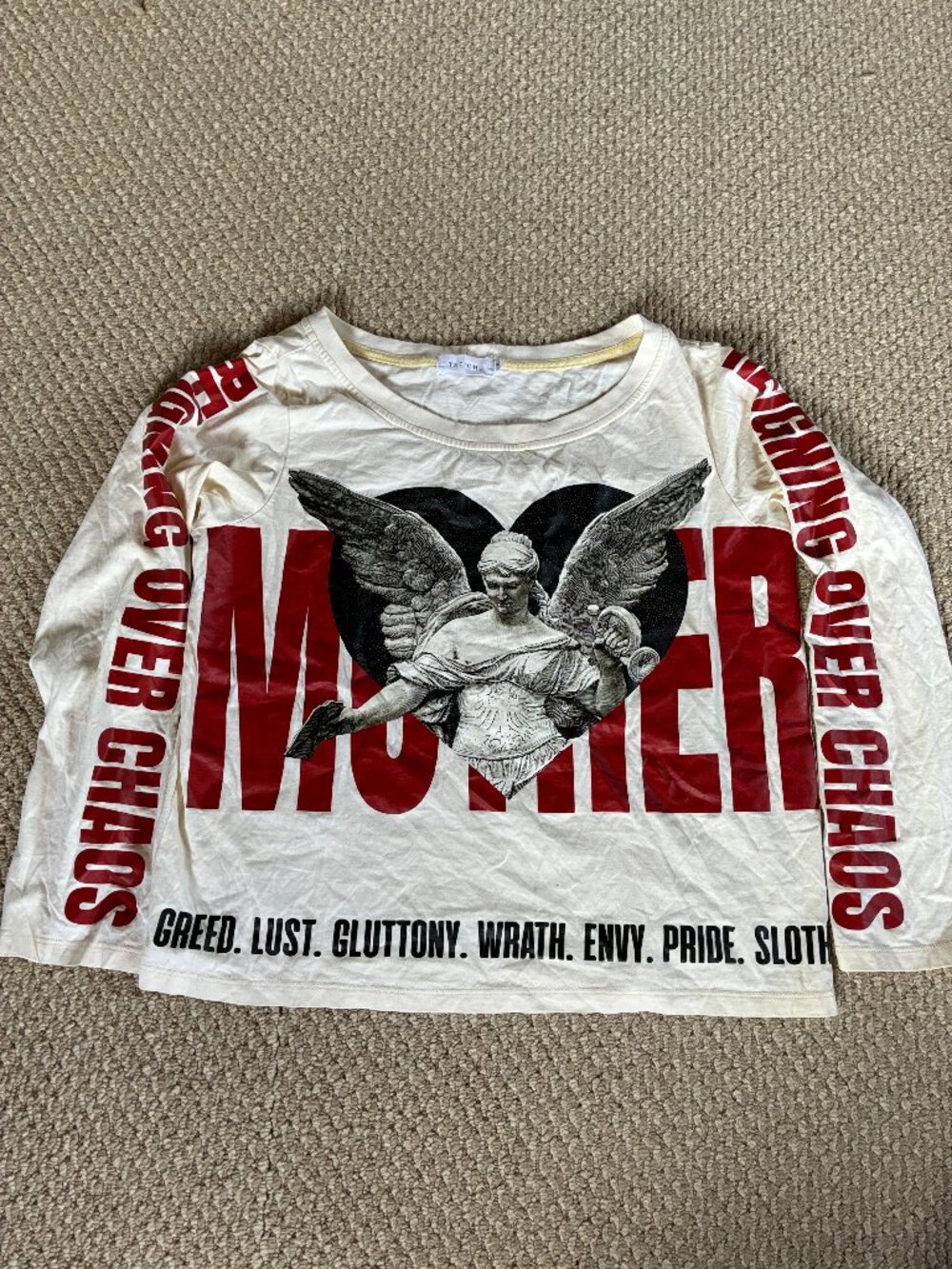 TATICHU Mother Graphic Oversize TShirt S Off Shoulder Off White 7 Deadly Sins